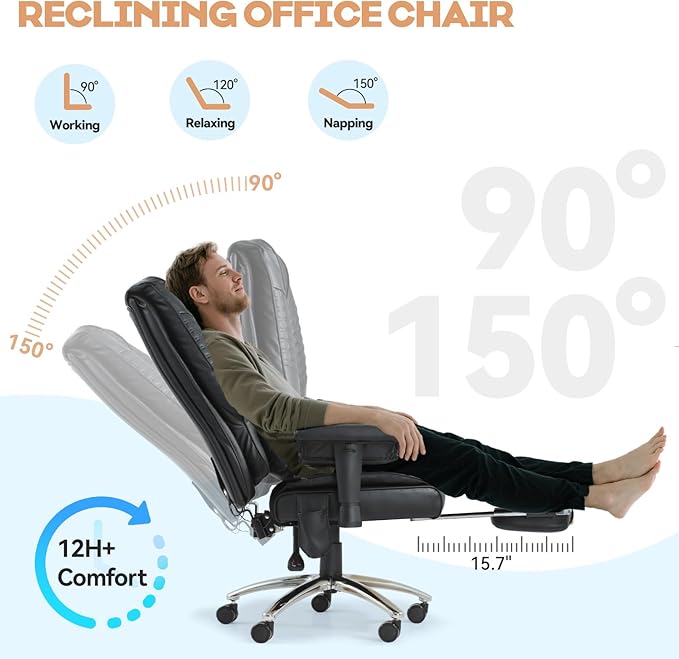 Massage Office Chair with Foot Rest, Ergonomic Executive Heated Office Chair with Reclining Backrest, Adjustable Arms and Lumbar Support, High Back Leather Desk Chairs for Home Office, Black