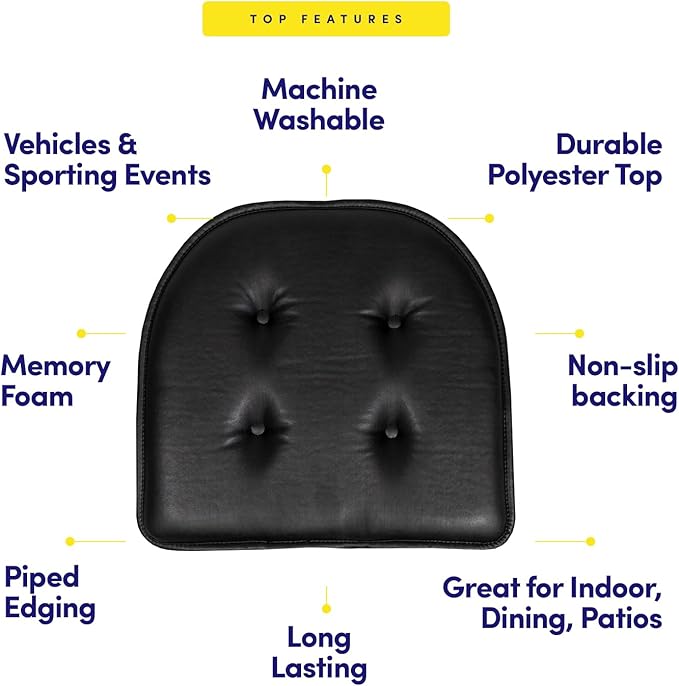 Sweet Home Collection Chair Cushion Memory Foam Pads Tufted Slip Non Skid Rubber Back U-Shaped 17" x 16" Seat Cover, 6 Pack, Faux Leather Black