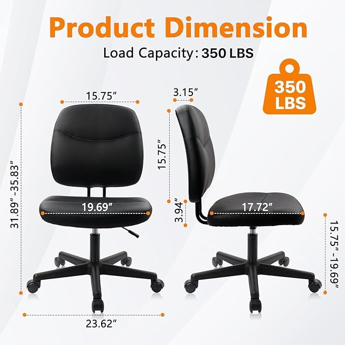 CLATINA Armless Home Office Chair,Small PU Leather Ergonomic Low Back Desk Chair with Lumbar Support and Wheels, Adjustable Height 360° Swivel Rolling Computer Task Chair, Black, 4 Pack