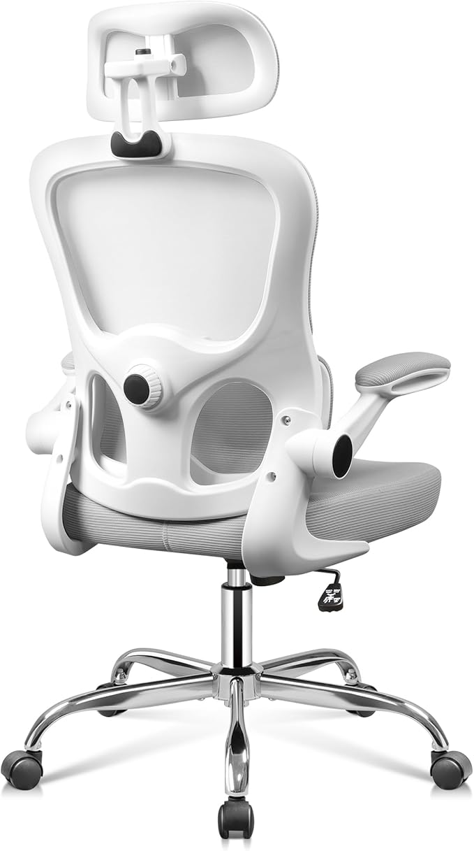DEVAISE Ergonomic Mesh Desk Chair, Separated-Adjustable Lumbar Support，Large Cushion, Flip-up Armrests, 90-125° Rocking Tilt, for Home Office Computer Gaming, White&Grey