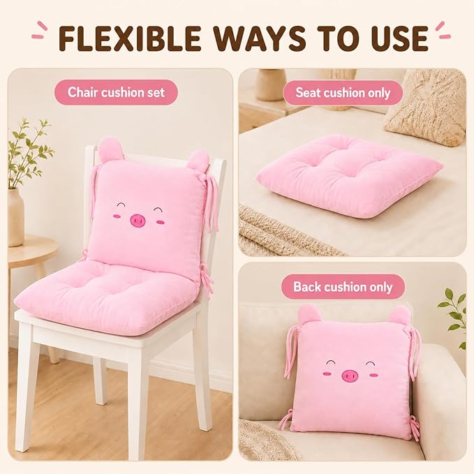 ChezMax Chair Cushion Plush Seat Cushion Back Cushion with Ties, Detachable Thickened Desk Chair Pads, Cartoon Waist Pillow Cushion Decor for Chair Car Office Patio Wheelchair, Cartoon Pig