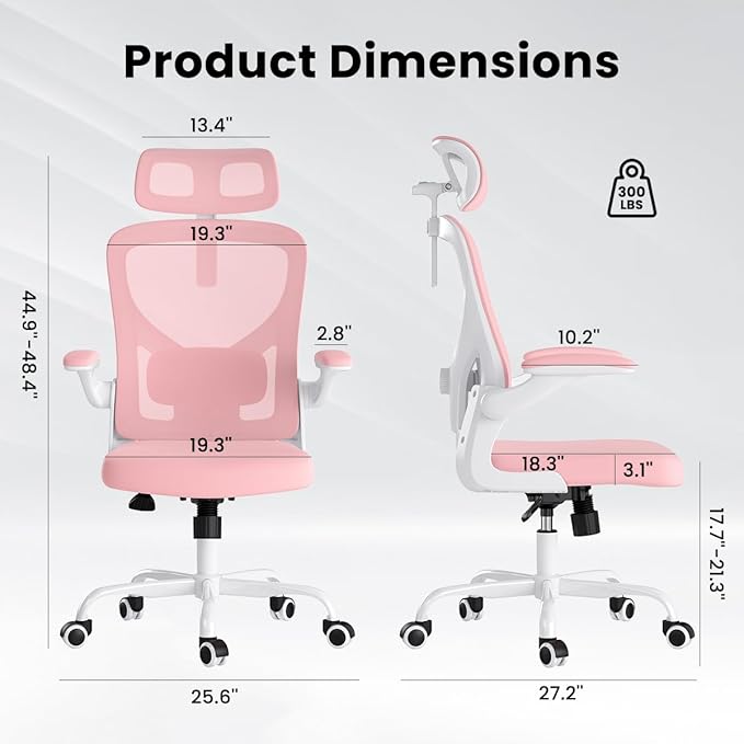 Breathable Mesh Elegance Office Chair, Modern Refined Office Chair with Adjustable Lumbar & Headrest, Minimalist Single Sofa Chairs for Home Office & Study, Pink,White