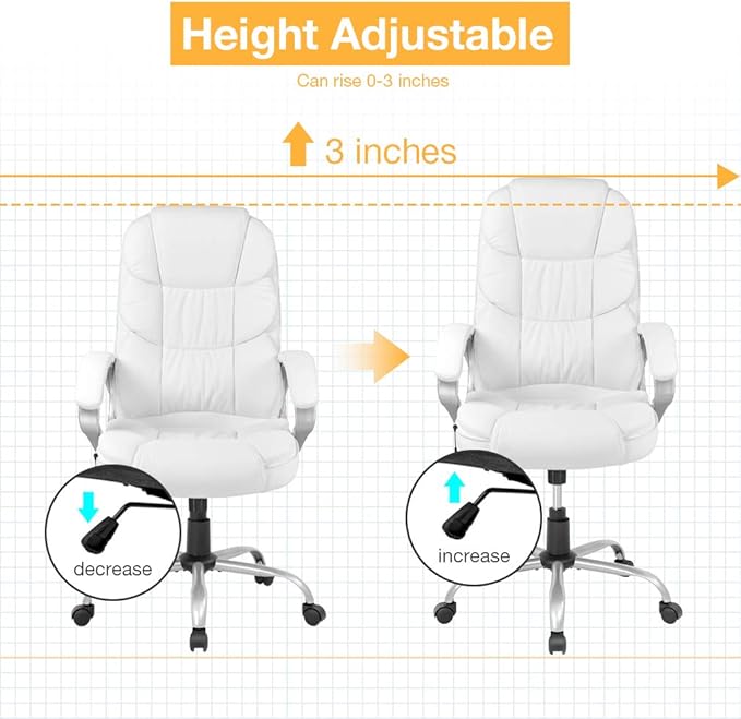 BestOffice Ergonomic White Faux Leather Executive Chair with Lumbar Support, Massage Vibration, Swivel, and Armrests for Home or Office Use