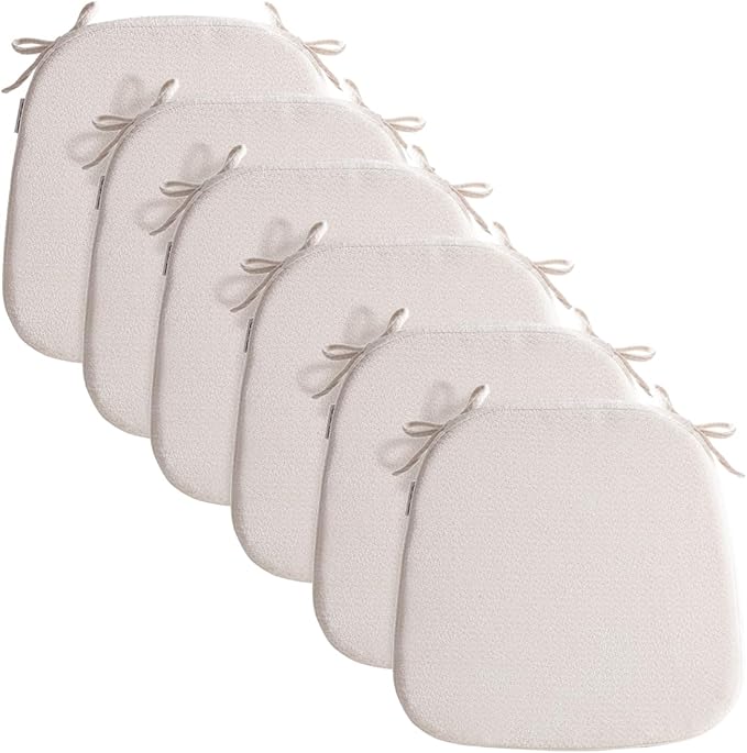 D-Shaped Chair Cushions for Dining Chairs, 2.5” Thick Chair Pads with Washable Comfortable Textured Cover, Non Slip Kitchen Chair Cushions with Ties, 16.5" x 16.5", 6 Pack, Creamy White