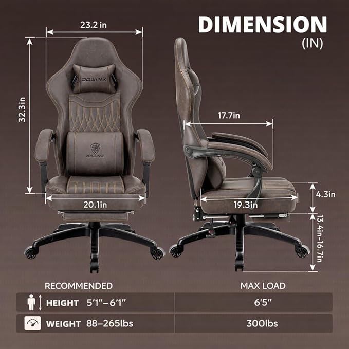 Dowinx Gaming Chair Breathable PU Leather Gamer Chair with Footrest Massage Lumbar Support, Big and Tall Ergonomic Reclining Computer Chair with Pocket Spring Cushion for Adults Teens (Brown)