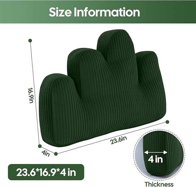 Lumbar Support Pillow for Recliner, Back Support Pillow for Office Chair, Ergonomic Corduroy Cloud pillow with Shredded Foam , Lower Back Pain Relief for Gaming Chair, Couch, Green