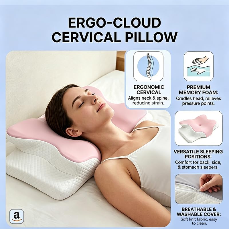 Cooling Neck Support Pillow, Adjustable Cervical Memory Foam for Pain Relief, Odorless Ergonomic Orthopedic Bed Pillows for Side Back Stomach Sleepers, Cozy Sleeping (Pink)