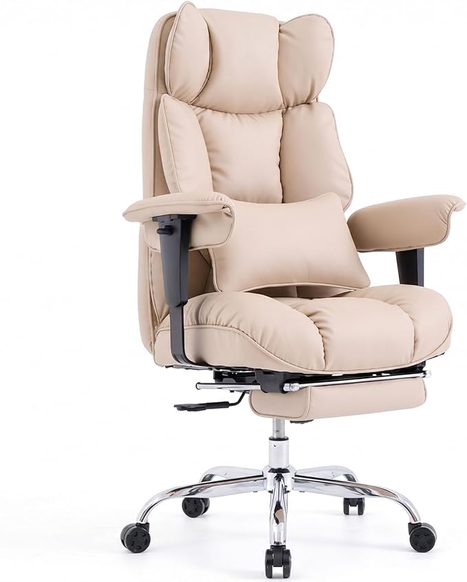 Efomao Big and Tall Office Chair 400lbs - Heavy Duty Reclining Desk Chair with Footrest, Spacious High Back PU Leather Executive Chair, Double-Layer Spring Support, Dark Beige