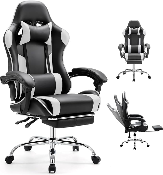 DUMOS Ergonomic Gaming Office Desk Chair with Footrest and Headrest, PU Leather Video Computer Chair with Linkage Armrests, Height Adjustable 360° Swivel Recling Chair, Black White