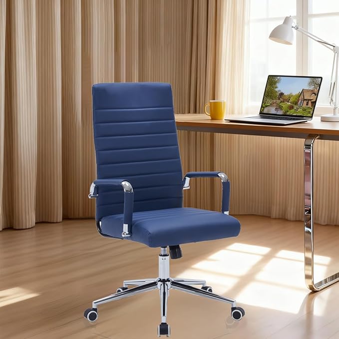 Navy Blue Leather Ribbed Office Desk Chair, Ergonomic High-Back Executive Conference Room Chairs with Wheels, Adjustable Swivel Computer Task Chair with Arms and Thick Padded Seat