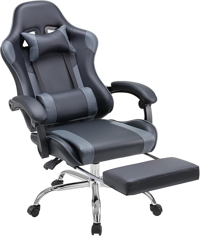 DUMOS Gaming Office Desk Chair with Footrest and Headrest for Adults, PU Leather Ergonomic Video Computer Chair with Linkage Armrests, Height Adjustable 360° Swivel Recling Chair, New Grey