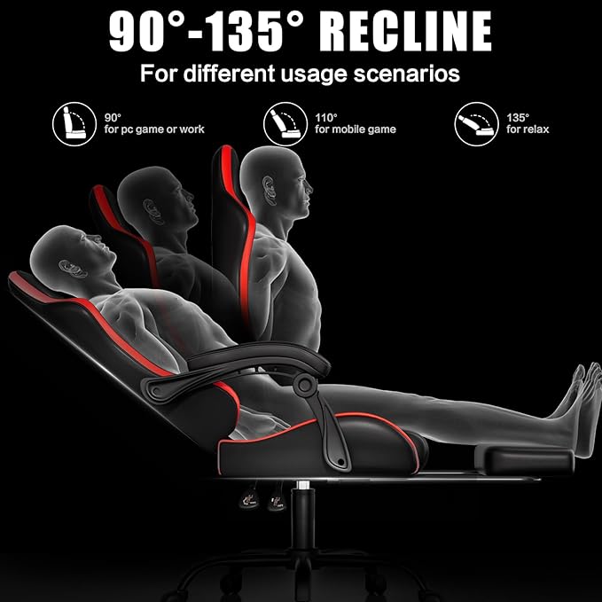Czlolo Gaming Chair with Footrest Racing Style Lumbar Support Massager Video Game Chair with Metal Legs, High Back Gamer Chair with Headrest, 360° Swivel Office Computer Desk Chair, Bright Red