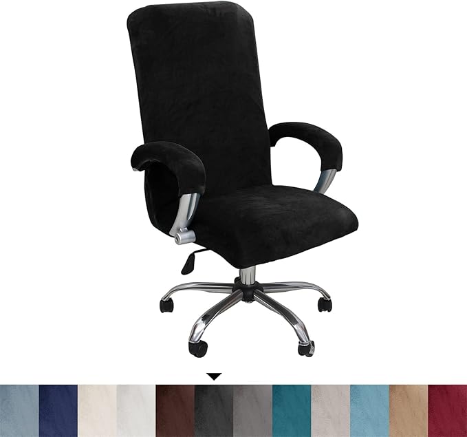 Velvet Plush Office Chair Cover with Armrests - Universal XL Size, Stretch Elastic fit for Desk Computer Chairs, Suitable for Pets and Children Friendly, Washable, Black