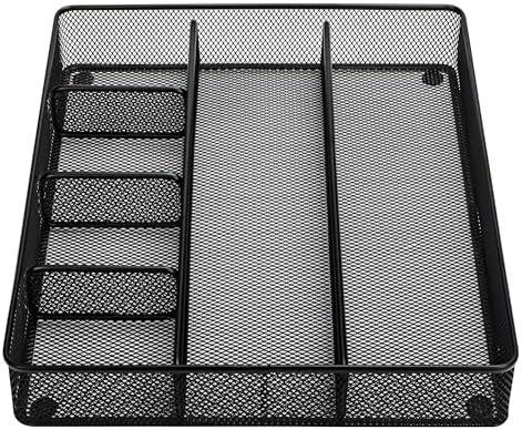 Annova Desk Top Organizer Tray for Office Organization - Metal Mesh - Storage Tray with Dividers for Pens, Desktop Accessories, Bathroom, Kitchen, Makeup and Office Supplies (Large, Black)