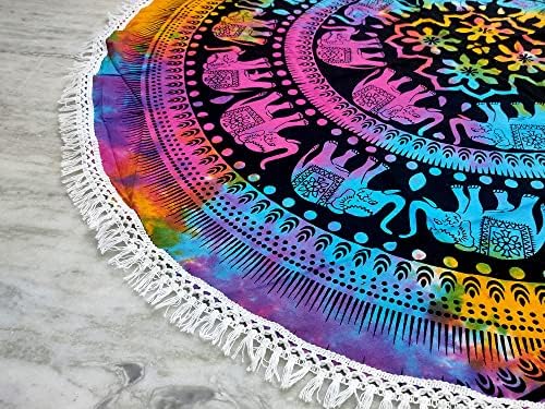 Round Beach Tapestry Turquoise Mandala Throw/Boho Hippie Beach Blanket Roundie/Indian Cotton Bohemian Large Round Table Cloth-Home Decor/Yoga Mat Meditation Picnic Rug (42", Multi Color)
