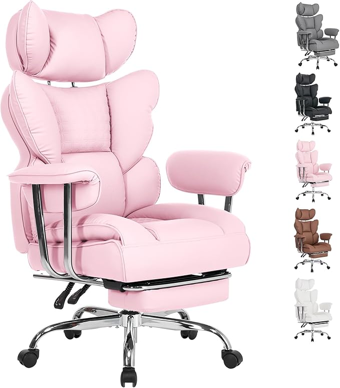 DUMOS Big and Tall Office Chair 350 LBS, Scratch-Resistant PU Leather Executive Office Desk Chair with Footrest, Ergonomic Reclining Computer Chair with Pocket Spring Support for Home Office, Pink