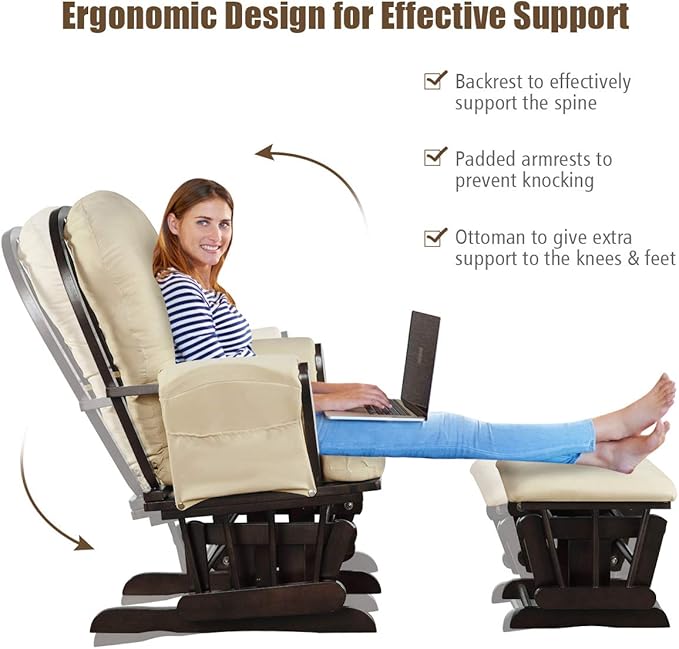 Costzon Nursery Glider with Ottoman, Upholstered Comfort Glider Rocker with Padded Cushion, Storage Pocket, Solid Wood Base, Rocking Chair Nursery for Breastfeeding, Napping (Beige)