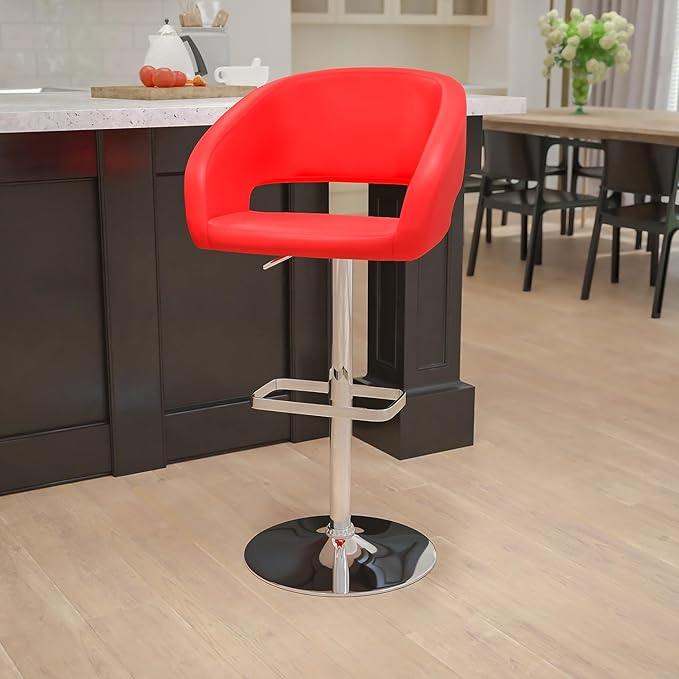 Flash Furniture Erik Comfortable & Stylish Contemporary Barstool with Rounded Mid-Back and Foot Rest, Adjustable Height - Red Vinyl with Chrome Base