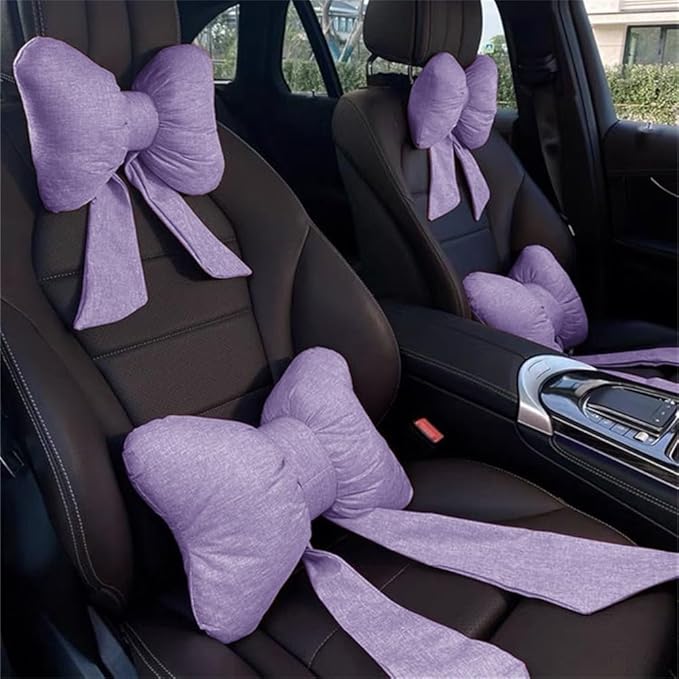 LYFJMUS 4 Pack Butterfly Bow Car Headrest Pillow Set Car Seat Neck Pillow and Lumbar Support Pillow Cotton Linen Car Headrest Pillow Set for Driving Travelling Office Home Decor