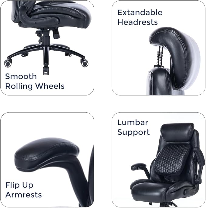 Q-Seat Office Chair with 5-Level Lumbar Adjustment | Recline & Relax Function | Heavy Duty Ergonomic Desk High Back Executive Chair | Flip-up Armrest | Adjustable Headrest | Leather Black