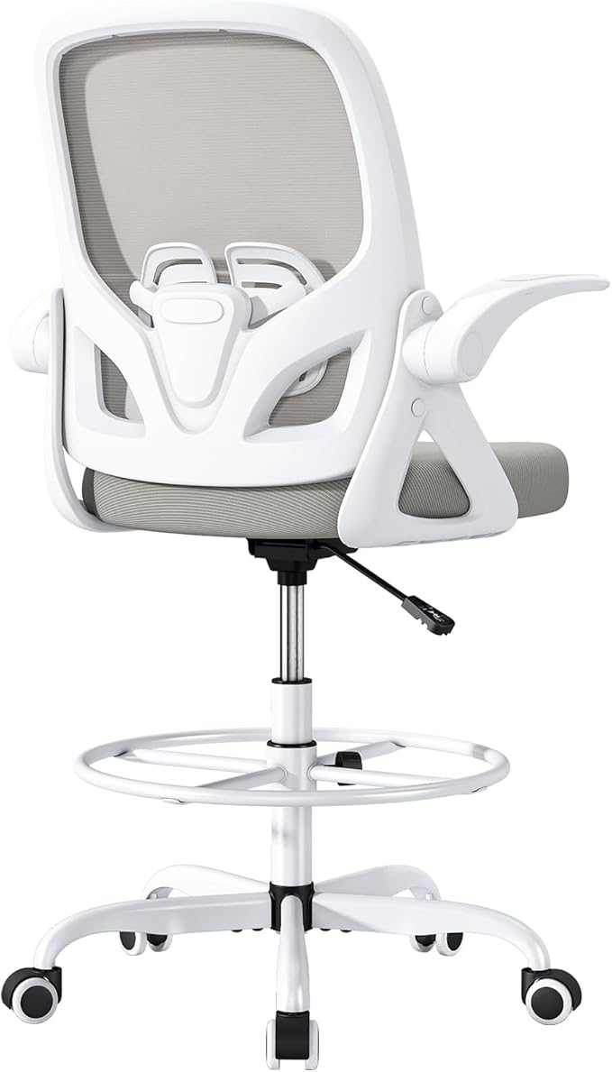 ORRSAKER Drafting Chair Tall Office Chair for Standing Desk, Breathable Mesh Ergonomic Computer Desk Chair with Flip-Up Armrests, Adjustable Lumbar Support and Footrest Ring,300 LBS，Gray