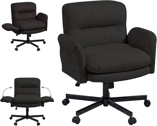 Bestier Criss Cross Office Chair with Flip-Up Armrests, Swivel Makeup Vanity Chair with Wheels & Side Pockets, Cross Legged Office Chair for Home Office, Bedroom, Black PU Leather