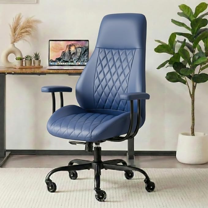E-Motie Office Chair with Rubber Wheels, Ergonomic Computer Chair 500 lbs, Leather Desk Chair with Lumbar Support, Executive Chair Adjustable Height & Recline, Blue