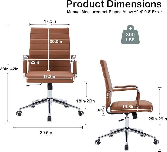 Brown Leather Ribbed Office Desk Chair, Ergonomic Mid-Back Executive Conference Room Chairs with Wheels, Adjustable Swivel Computer Task Chair with Arms and Thick Padded Seat