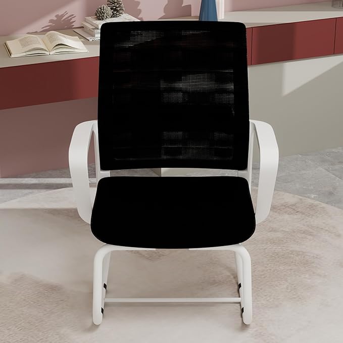 Modern Mesh Office Chair, Ergonomic Desk Chair with Armrests, Breathable Computer Task Seat for Home Work, Sled Base Guest Furniture, Comfortable Lumbar Support, Metal Frame, White+Black