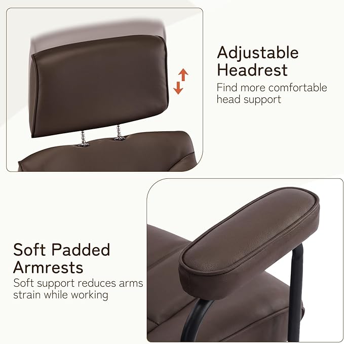 Furniliving Leather Office Chair with Adjustable Headrest, Mid-Century Modern High-Back Office Desk Chair, Ergonomic Computer Chair with Wheels, Armrests, Lumbar Support, Dark Brown
