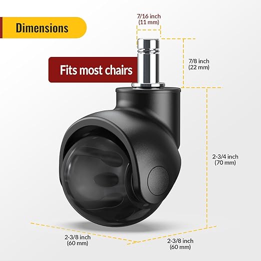 HOLKIE Office Chair Wheels Replacement 11x22mm Universal Fit 2 Inch Rubber Heavy Duty Casters for Carpet Hardwood Floors Gaming Desk Chair Roller Wheels Set of 5 Black Ball Casters Smooth & Silent