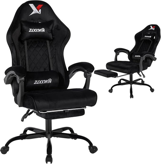 Velvet Gaming Chair, Ergonomic High Back Racing Chair with Footrest, Spring Wide Cushion, Adjustable Headrest & Lumbar Support, 90-135° Recline, 360° Swivel, 300lbs for Home Office, Black