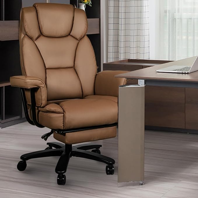 Reclining Office Chair with Footrest, Big and Tall High Back Home Office Desk Chairs 400lbs with Criss Cross Wide Seat, Heavy Duty Base, Pu Leather, Brown