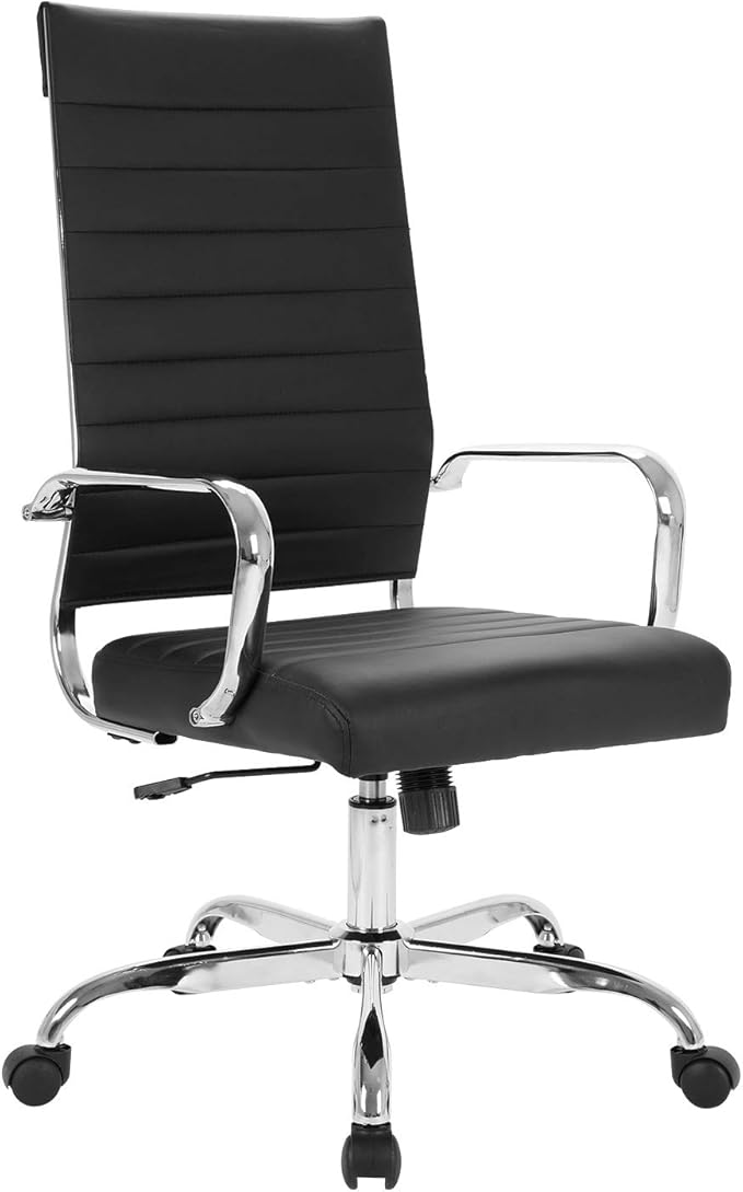 LANDSUN Home Office Chair Ribbed Leather High Back Executive Swivel Computer Desk Chairs with Wheels and Armrests Soft Padded Adjustable Height Modern Conference Task Black