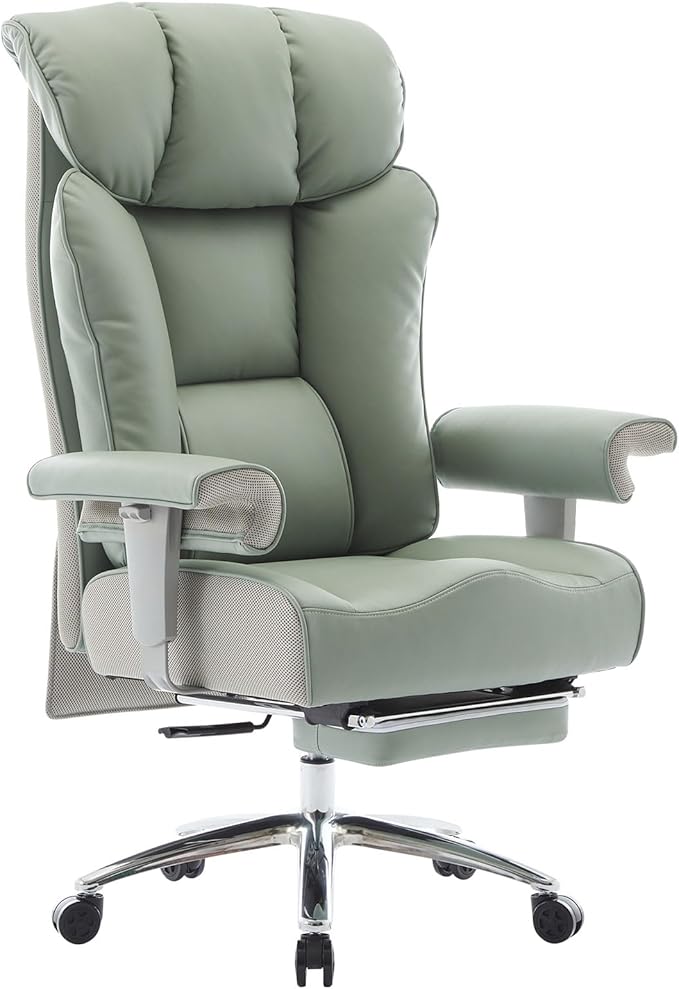 Efomao Big and Tall Office Chair 400lbs - Heavy Duty Executive Desk Chair with Foot Rest & 23" Wide Seat - High Back Ergonomic Leather Computer Chair for Heavy People, Home Office, Green