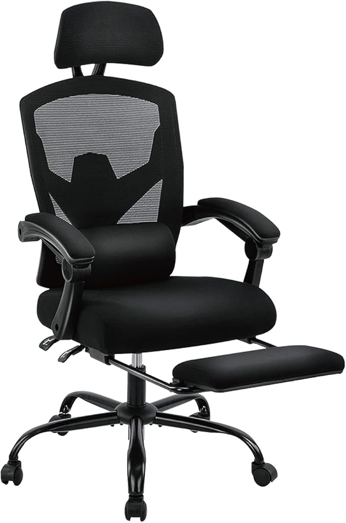 Simple Deluxe Home Office Desk Chair with Footrest, High-Back Mesh Rolling Swivel Reclining Chairs with Wheels, Comfortable Headrest, Lumbar Support, Comfy Arms