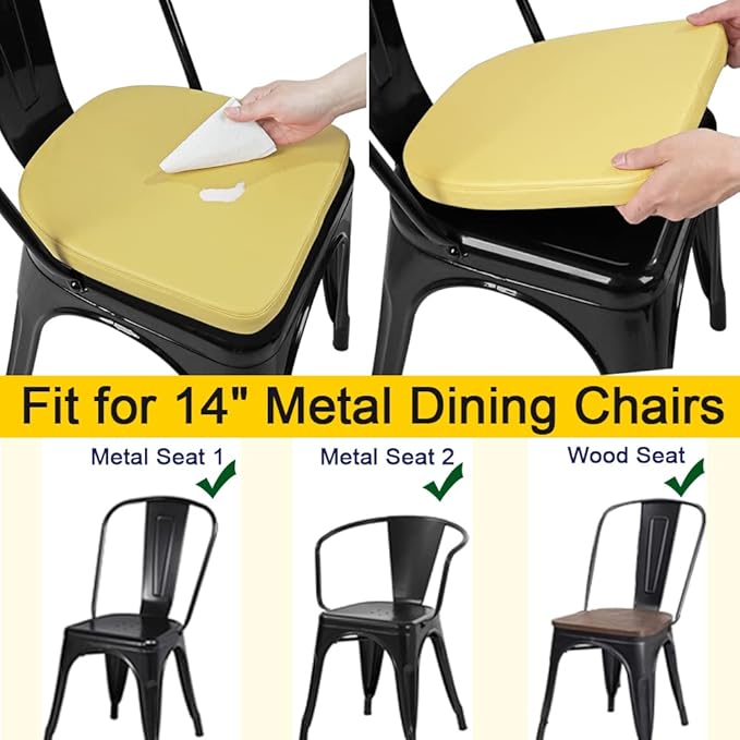 SINOSSO Modern Faux Leather 14" Metal Chair Cushion, Leathaire Magnetic Chair Pad for Dining Kitchen Cafe Bistro Stackable Chair (U-Shape, Yellow, 1)