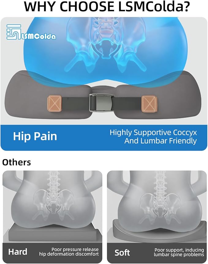 Extra Dense Orthopedic Seat Cushion, Ergonomic Memory Foam Seat Cushion for Office Chair，Desk Chair，Car，Wheelchair, Tailbone Hip Sciatica Pain Relief Cushion for Long Sitting（Grey）