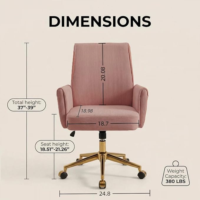 Striped Velvet Office Chair, 360° Swivel Ergonomic Task Chair with High Back, Gold Base and Wheels, Height Adjustable Modern Accent Chair for Home Office, Living Room, Study, Vanity (Dark Pink)