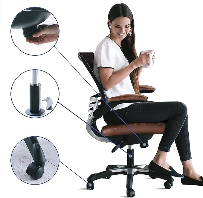 Modway Edge Mesh Back and White Vinyl Seat Office Chair With Flip-Up Arms - Computer Desks in Tan