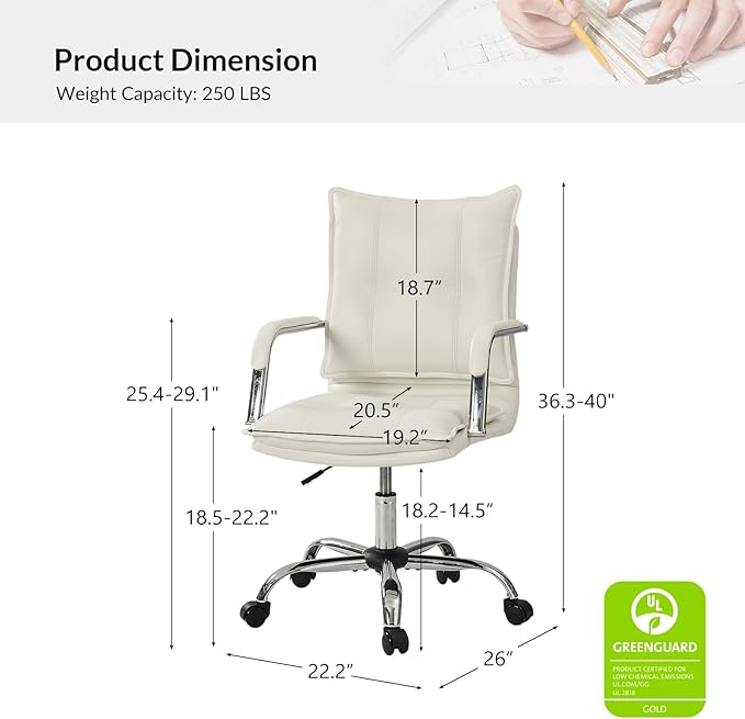 HULALA HOME Faux Leather Home Office Desk Chair, Adjustable Swivel Computer Chair with Sliver Legs and Arms, Comfy Upholstered Task Chair(White)