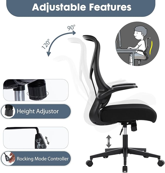 DUMOS Home Office Desk Chair - Ergonomic High Back Mesh Computer Chair with Comfy Flip-up Armrests, Adjustable Height Swivel Task Chair with Wheels, Comfortable Lumbar Support, for Adults, Black