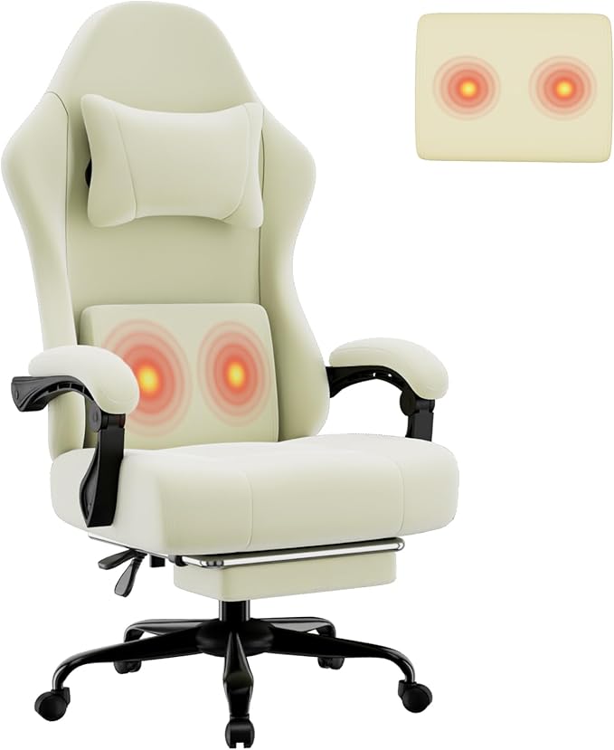 Massage Gaming Chair, Ergonomic Video Game Chair with Lumbar Support and Footrest, Height Adjustable Fabric Computer Chair with Pocket Spring Cushion (Beige)