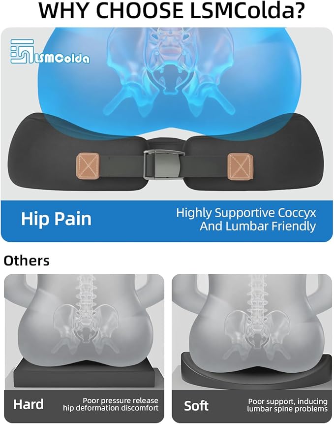 Extra Dense Orthopedic Seat Cushion, Ergonomic Memory Foam Seat Cushion for Office Chair，Desk Chair，Car，Wheelchair, Tailbone Hip Sciatica Pain Relief Cushion for Long Sitting（Black）