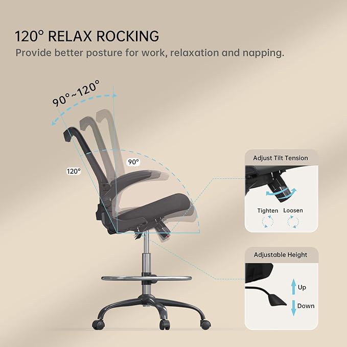 Drafting Chair,Tall Office Chair for Standing Desk,Office Drafting Chair with Footrest Ring,High Office Chair with Tilt Back,Extra Tall Office Chairs with Flip Up Armrest