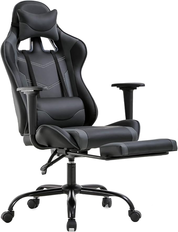 BestOffice | Ergonomic Gaming Chair | Grey | Reclining Computer Chair with Lumbar Support, Headrest Pillow, Adjustable Footrests | 360 Swivel with Heavy Duty Wheels | for Home & Office