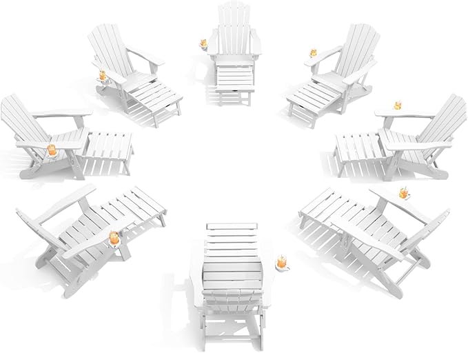 THOEOE Adjustable Adirondack Chair with Retractable Ottoman, HDEP Folding Adirondack Chairs with Footrest 2-in-1 Cup Holder, All Weather Outoor Fire Pit Chair with Foot Rest Set 8 White
