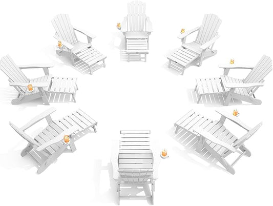 THOEOE Adjustable Adirondack Chair with Retractable Ottoman, HDEP Folding Adirondack Chairs with Footrest 2-in-1 Cup Holder, All Weather Outoor Fire Pit Chair with Foot Rest Set 8 White