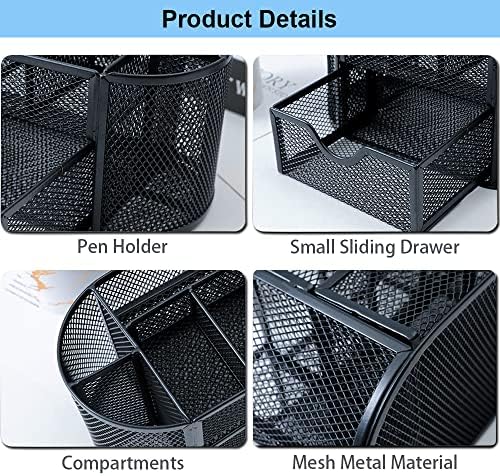 Desk Organizer Stationery Storage, Pencil Holder for Desk, Wire Mesh Office Supplies Desk Accessories Workspace Organizers with 9 Compartments and Mini Drawer (Black)