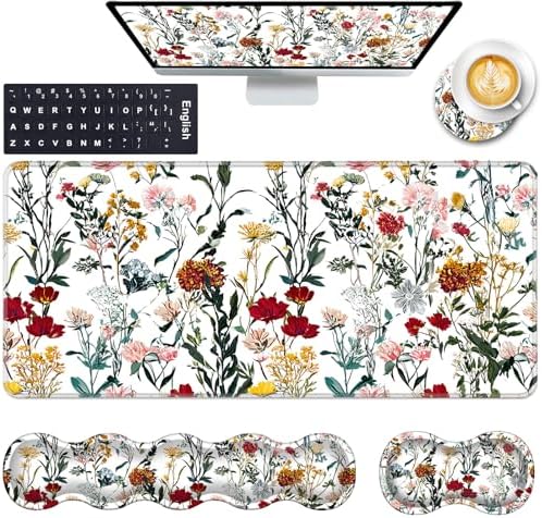 Keyboard Wrist Rest and Mouse Pad with Wrist Support Set Ergonomic Coaster,Memory Foam,Easy Typing Pain Relief,Large XL Desk Mat 31.5"x 11.8",Beautiful Floral